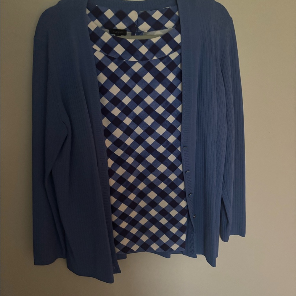 Talbots Blue Open-Front Cardigan with Checkered Lining